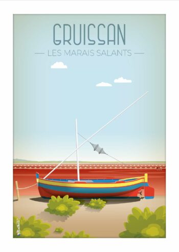 Affiche vintage des salins de Gruissan, dessinée à la main avec élégance, disponible sur www.designbymathieu.com