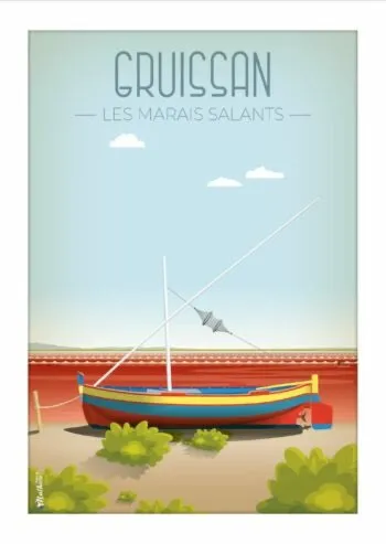 Affiche vintage des salins de Gruissan, dessinée à la main avec élégance, disponible sur www.designbymathieu.com