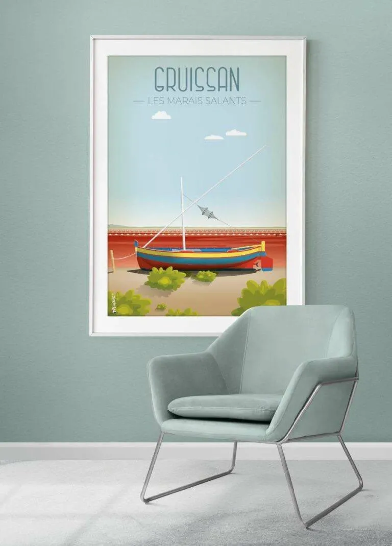 Affiche vintage des salins de Gruissan, dessinée à la main avec élégance, disponible sur www.designbymathieu.com