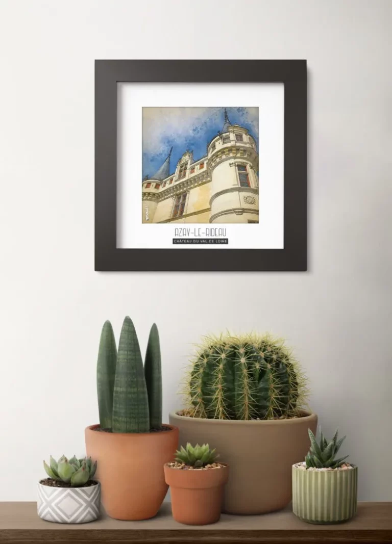 azay le rideau (château du val de loire) - Découvrez nos cadres photos uniques, véritables trésors capturés lors de mes voyages à travers le monde. Chaque image, soigneusement sélectionnée et magnifiée en studio, est encadrée avec élégance dans un cadre en bois noir mat de 24x24 cm, d’une épaisseur de 1,5 cm.