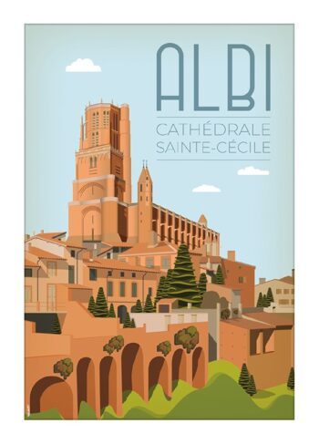 Affiche vintage de la Cathédrale Sainte-Cécile à ALBI dans le Tarn par DesignByMathieu - Élégance et Souvenirs pour Décorer votre Intérieur.