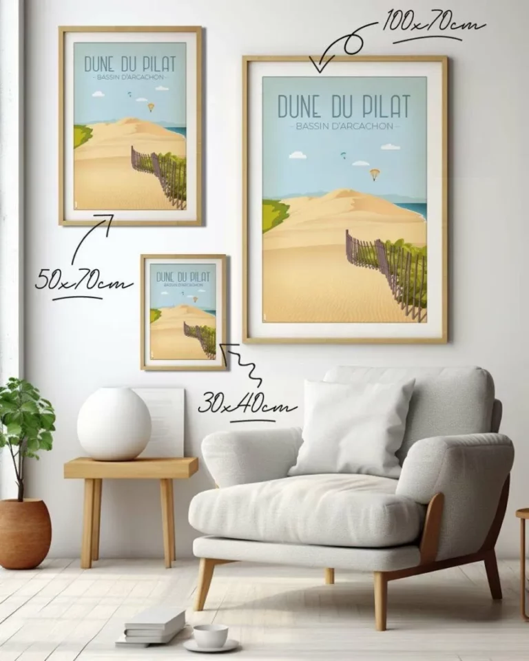 Affiche vintage de la Dune du Pilat dans le Bassin d'Arcachon par DesignByMathieu - Élégance et Souvenirs pour Décorer votre Intérieur.