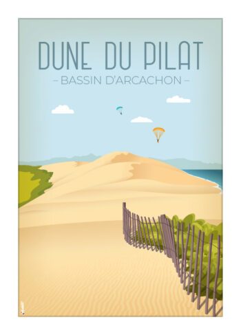 Affiche vintage de la Dune du Pilat dans le Bassin d'Arcachon par DesignByMathieu - Élégance et Souvenirs pour Décorer votre Intérieur.