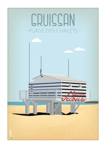 Affiche de la plage des chalets à Gruissan par DesignByMathieu - Élégance et Souvenirs pour décorer votre Intérieur.