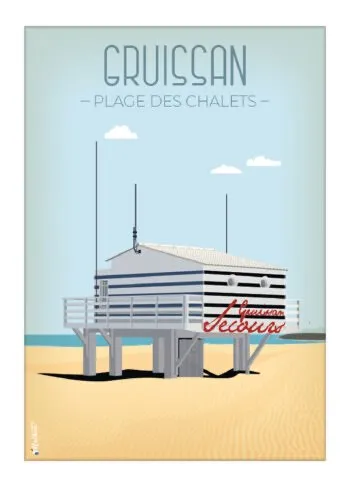 Affiche de la plage des chalets à Gruissan par DesignByMathieu - Élégance et Souvenirs pour décorer votre Intérieur.