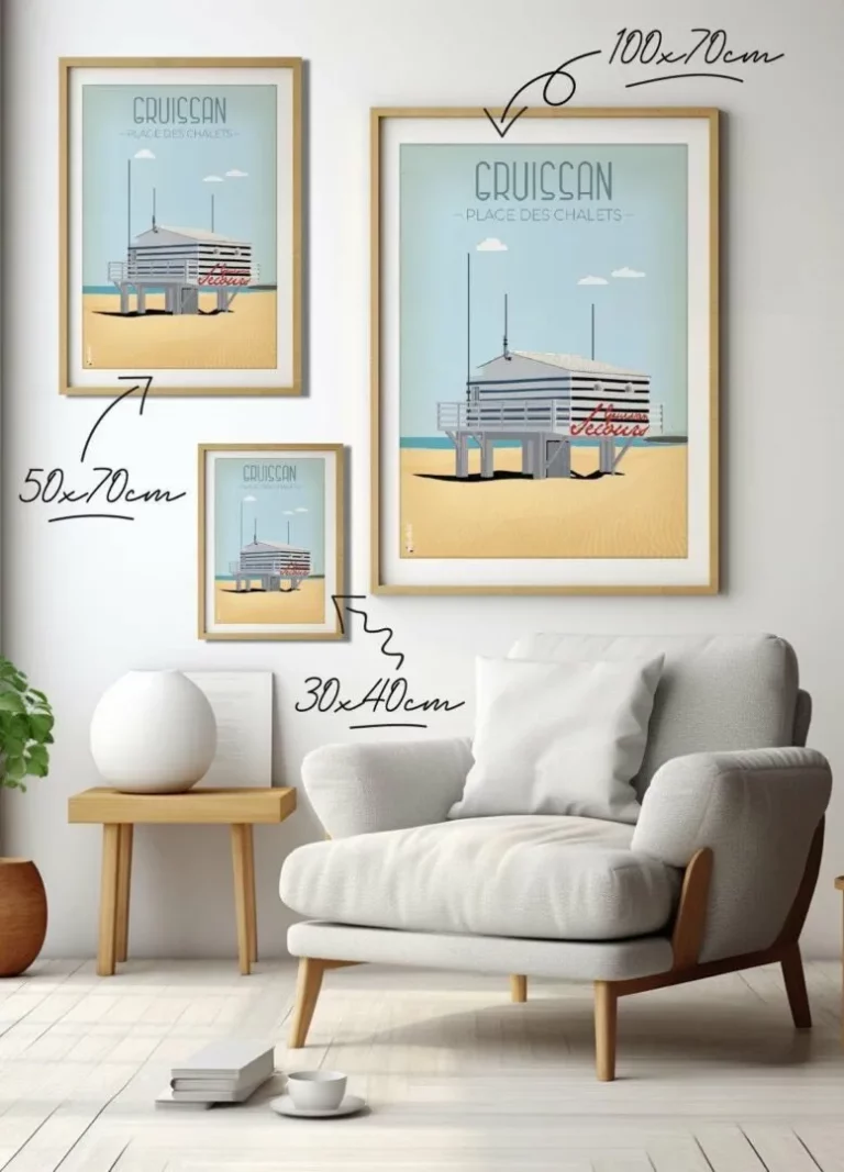 Affiche de la plage des chalets à Gruissan par DesignByMathieu - Élégance et Souvenirs pour décorer votre Intérieur.