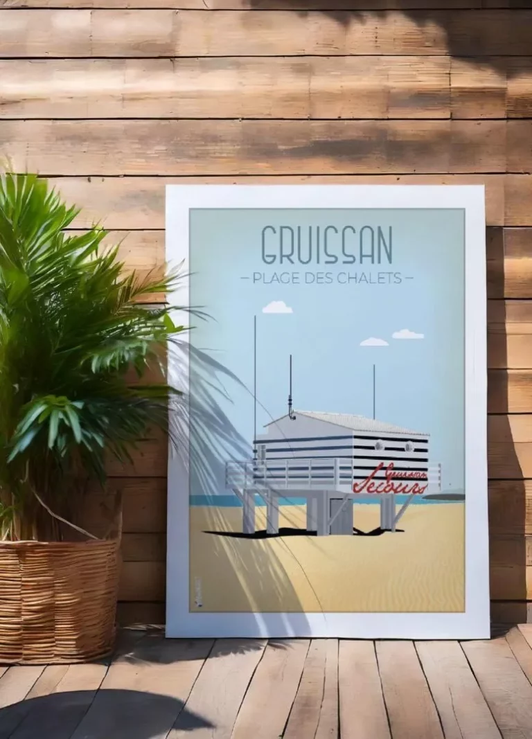 Affiche de la plage des chalets à Gruissan par DesignByMathieu - Élégance et Souvenirs pour décorer votre Intérieur.