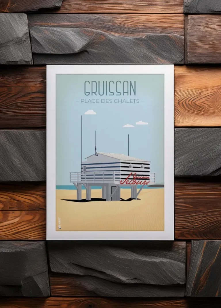 Affiche de la plage des chalets à Gruissan par DesignByMathieu - Élégance et Souvenirs pour décorer votre Intérieur.