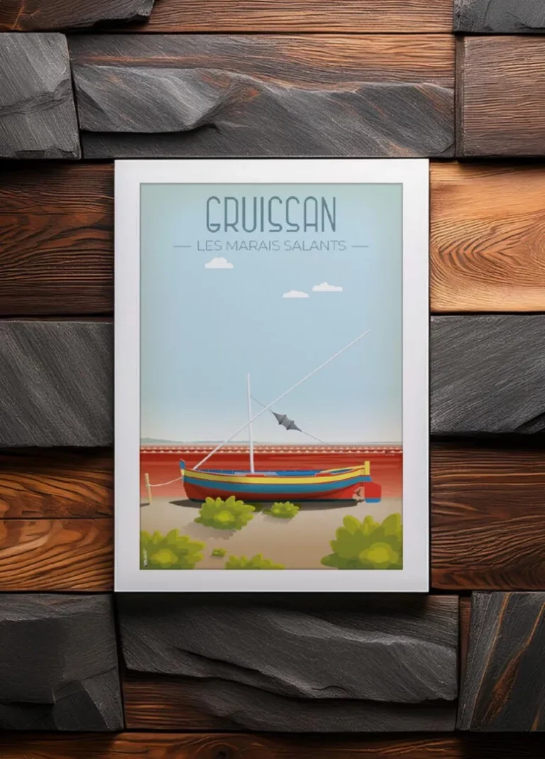 Affiche vintage des salins de Gruissan, dessinée à la main avec élégance, disponible sur www.designbymathieu.com