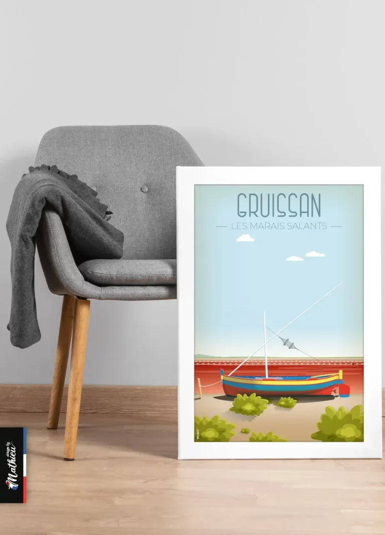 Poster des Salins de Gruissan posé sur chaise, décoration murale paysage