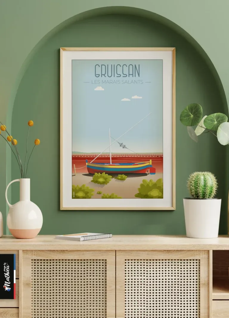Poster des Salins de Gruissan encadré dans un coin vert avec plantes