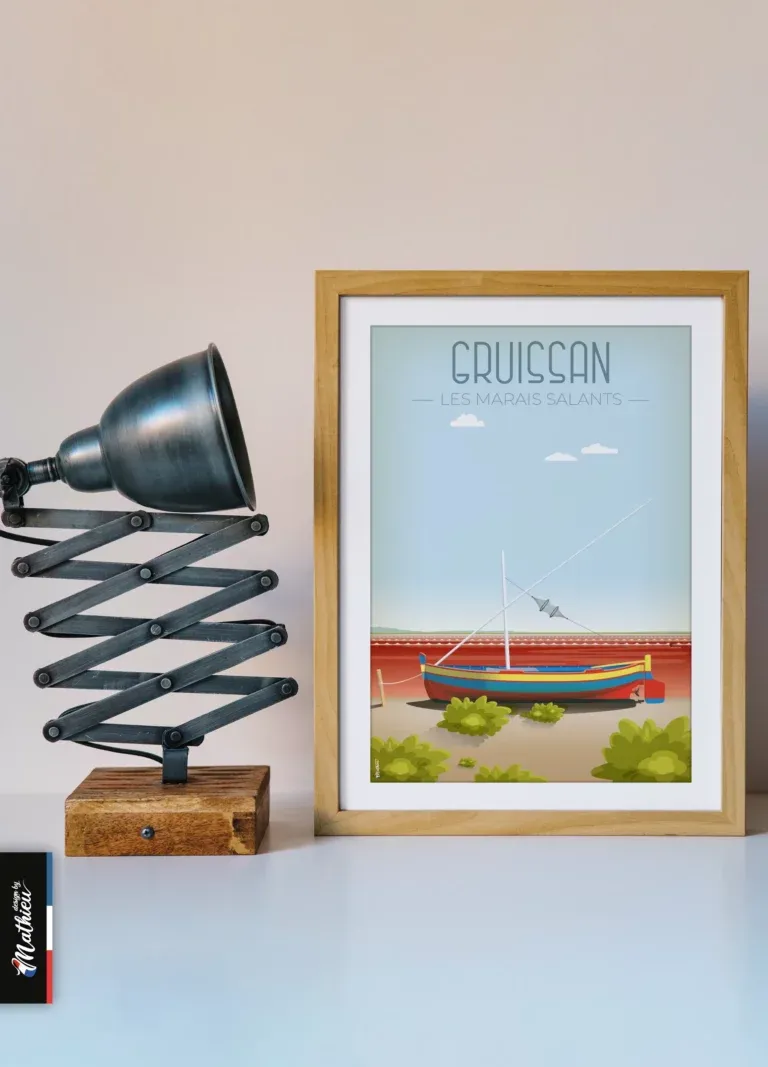 Poster des Salins de Gruissan encadré avec lampe design