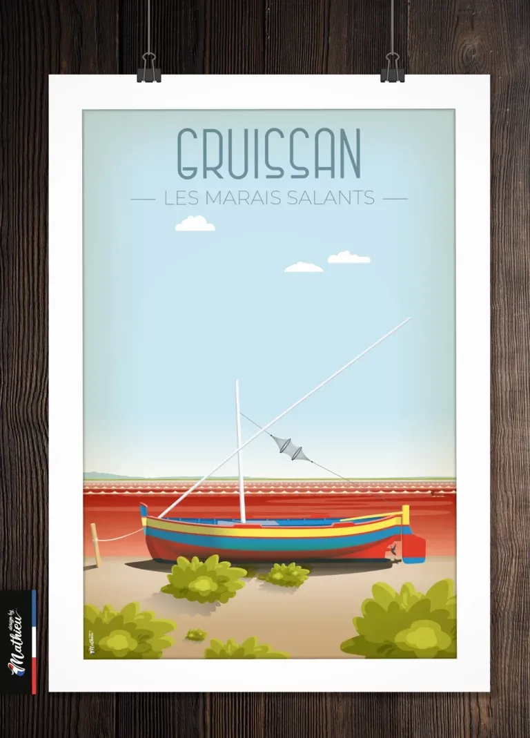 Poster des Salins de Gruissan posé sur planche en bois, vue rapprochée