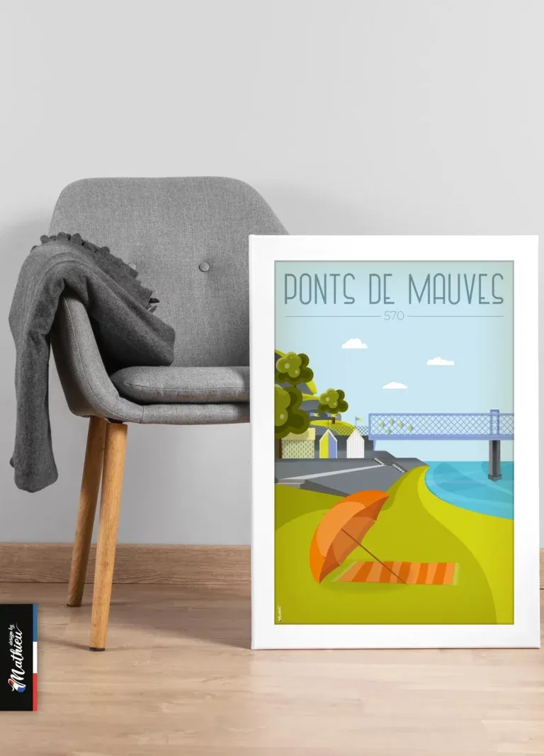 Poster des Ponts de Mauves en Loire Atlantique posé sur chaise, décoration murale paysage