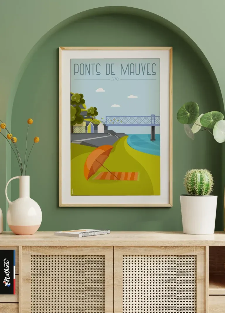 Poster des Ponts de Mauves en Loire Atlantique encadré dans un coin vert avec plantes