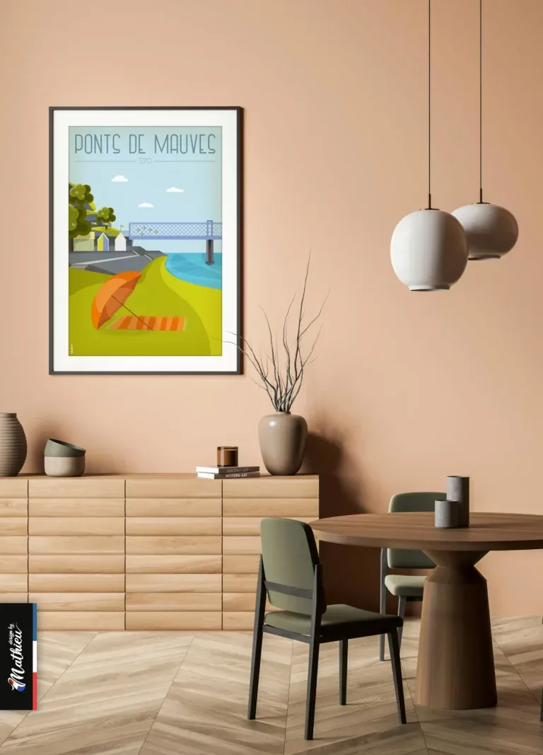 Poster des Ponts de Mauves en Loire Atlantique accroché au mur au-dessus d’une table