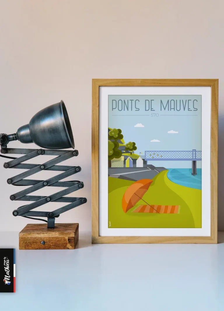 Poster des Ponts de Mauves en Loire Atlantique encadré avec lampe design