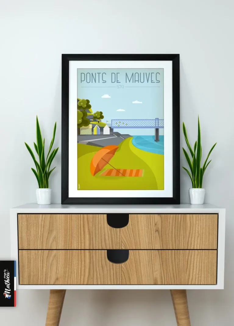 Poster des Ponts de Mauves en Loire Atlantique encadré sur commode avec plantes