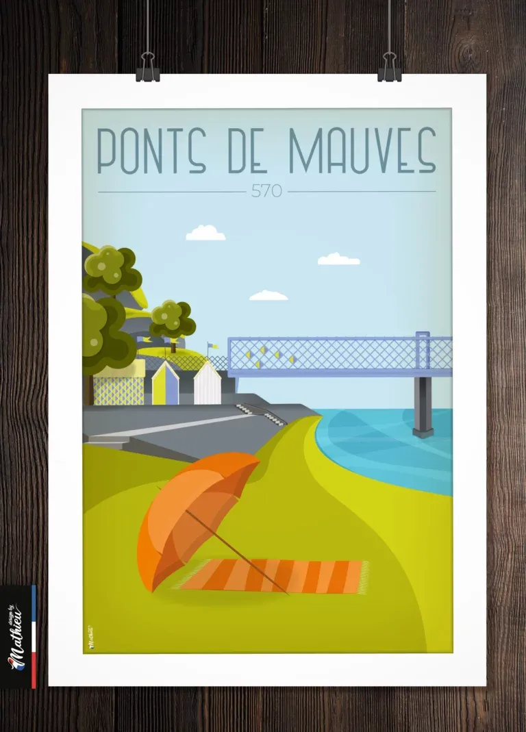 Poster des Ponts de Mauves en Loire Atlantique posé sur planche en bois, vue rapprochée