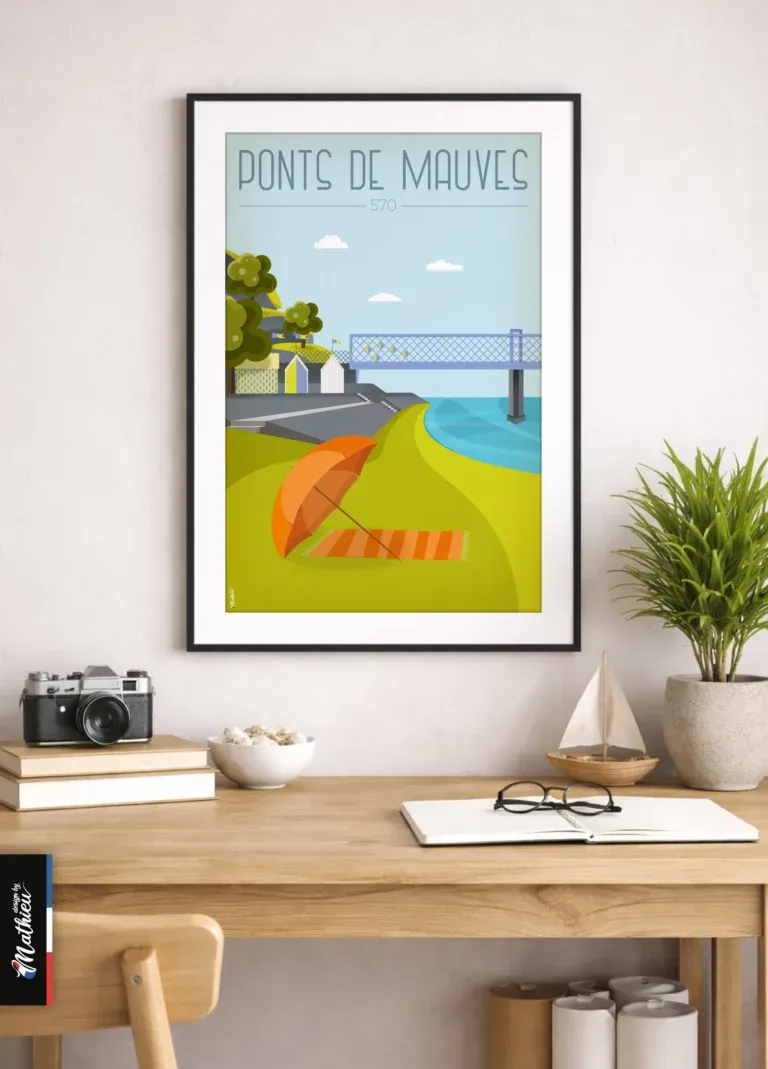 Poster des Ponts de Mauves en Loire Atlantique encadré sur bureau avec plantes