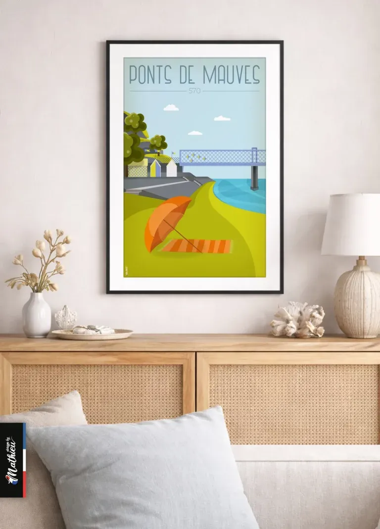 Poster des Ponts de Mauves en Loire Atlantique encadré sur buffet dans un salon moderne