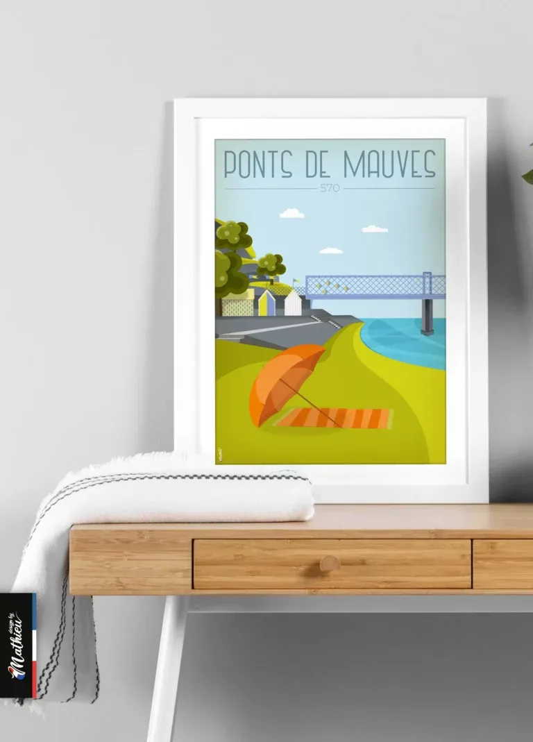 Poster des Ponts de Mauves en Loire Atlantique posé sur bureau minimaliste