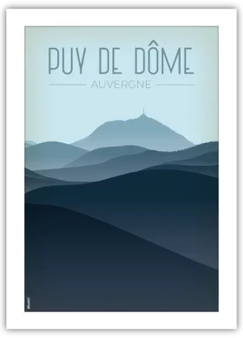 Poster du Puy de Dôme – nuances de bleu, illustration décorative prête à encadrer
