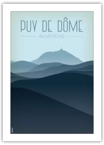 Poster du Puy de Dôme – nuances de bleu, illustration décorative prête à encadrer