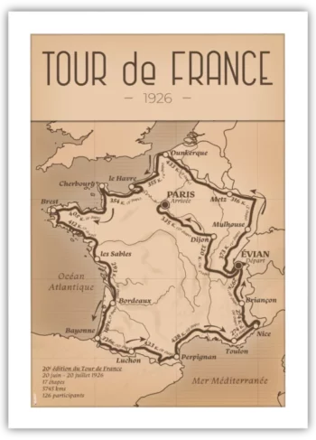 Poster de la Carte du Tour de France 1926, illustration décorative prête à encadrer