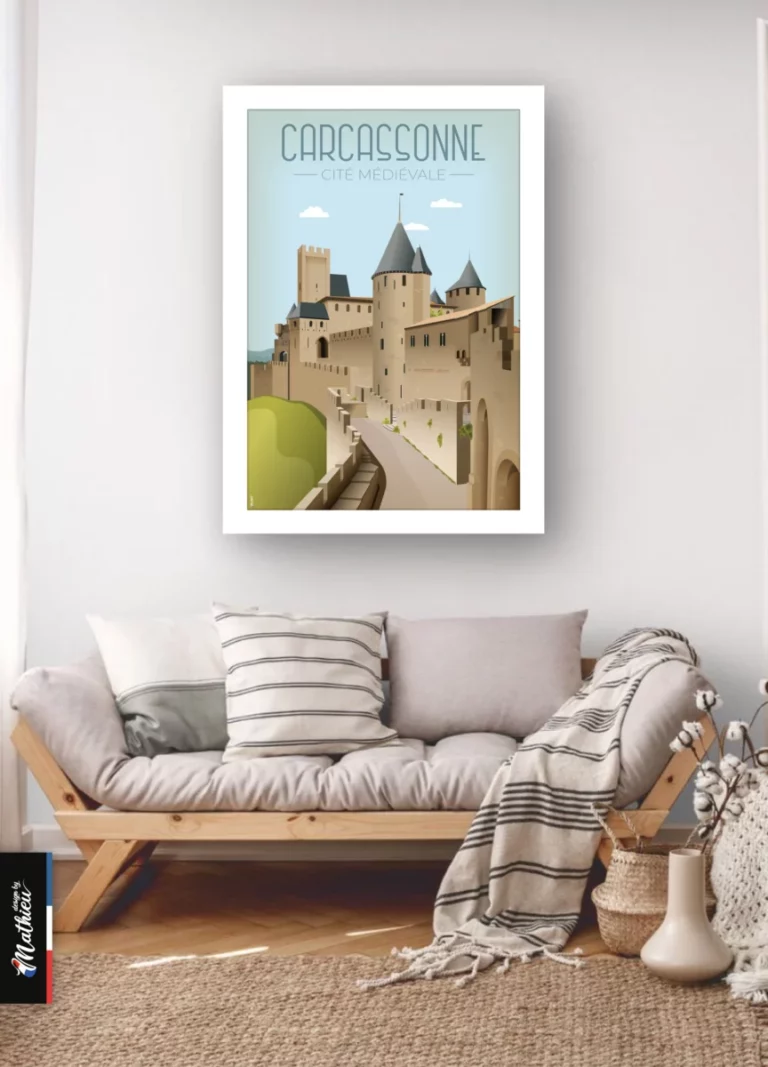 Poster encadré de Carcassonne accroché au mur au-dessus d'une banquette en bois avec coussins, style bohème. Affiche graphique en vente par le créateur Design by Mathieu.