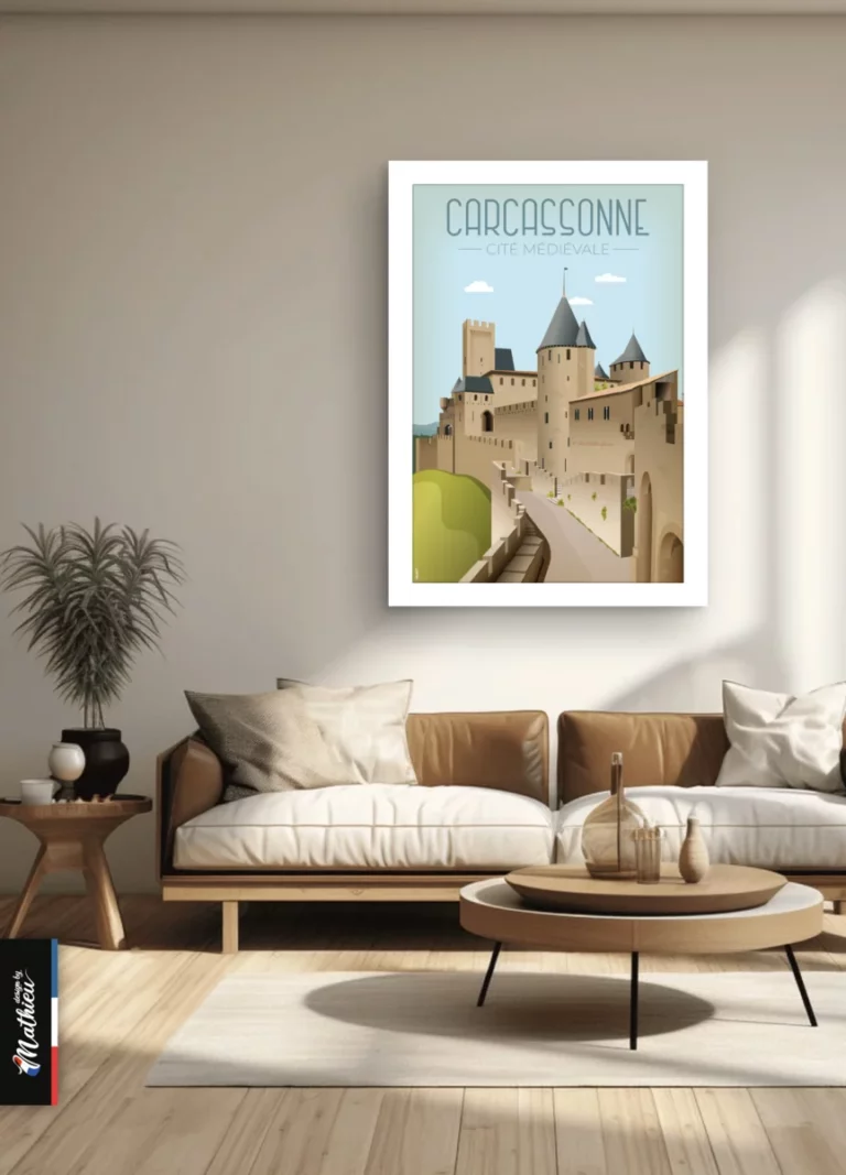 Grande affiche illustrée de Carcassonne fixée au-dessus d'un canapé en cuir marron dans un salon lumineux. Décoration murale imprimée en France par Mathieu.