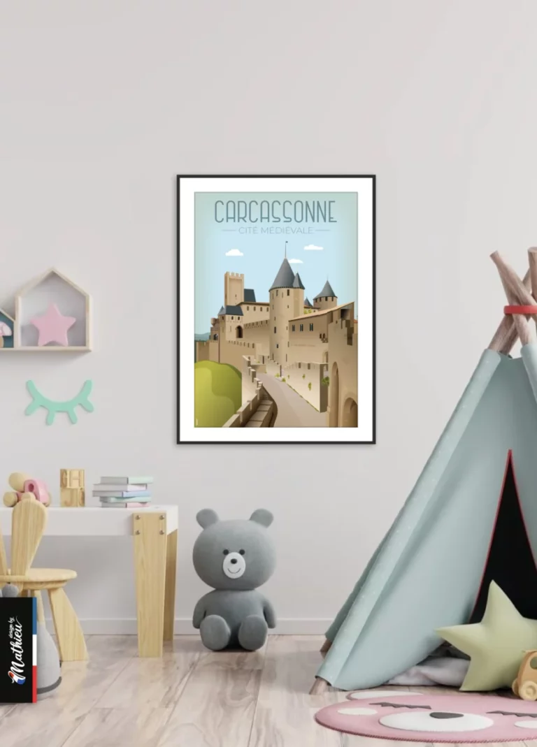 Affiche de Carcassonne accrochée dans une chambre d'enfant avec un tipi et un ours en peluche. Poster décoratif imprimé en atelier par Design by Mathieu.