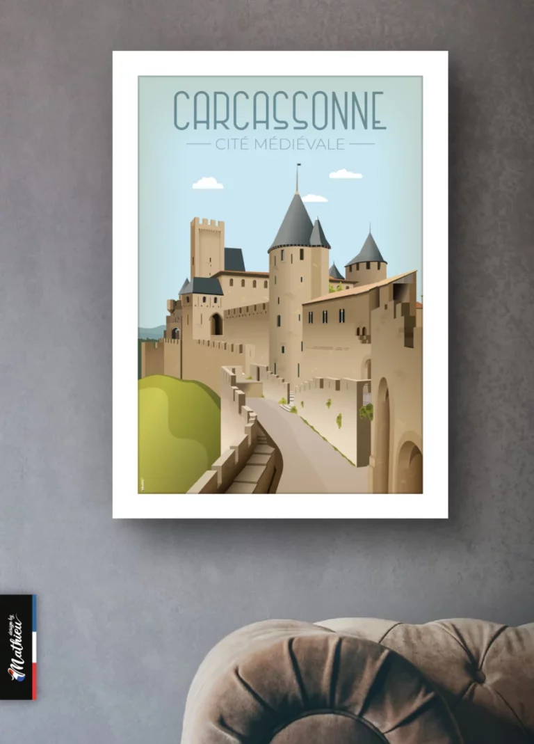 Gros plan d'un poster de la Cité Médiévale de Carcassonne sur un mur en béton style indus. Illustration vectorielle détaillée avec le texte "CARCASSONNE - CITÉ MÉDIÉVALE". Vendu par Design by Mathieu.