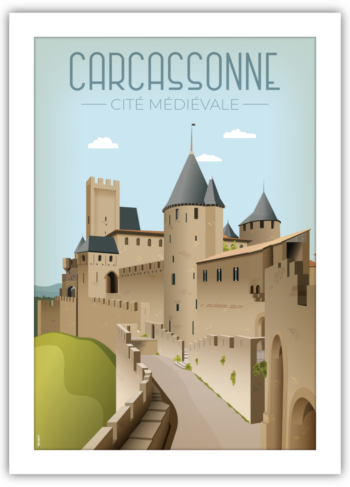 Studio de design spécialisé en posters Gros plan d'un poster de la Cité Médiévale de Carcassonne. Illustration vectorielle détaillée avec le texte