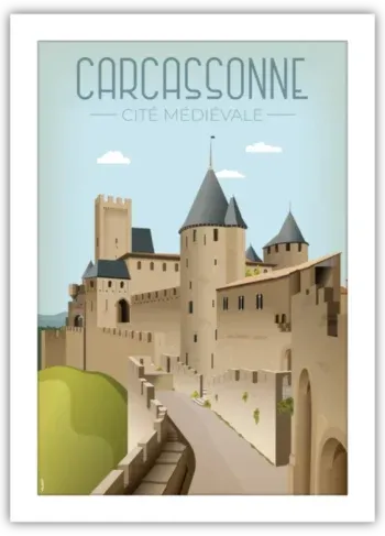 Gros plan d'un poster de la Cité Médiévale de Carcassonne. Illustration vectorielle détaillée avec le texte