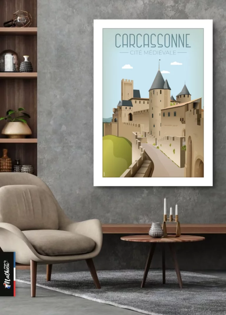 Poster encadré de la Cité de Carcassonne accroché au mur d'un salon de luxe au-dessus d'un fauteuil en velours beige et d'une table basse design. Création artisanale de Design by Mathieu.