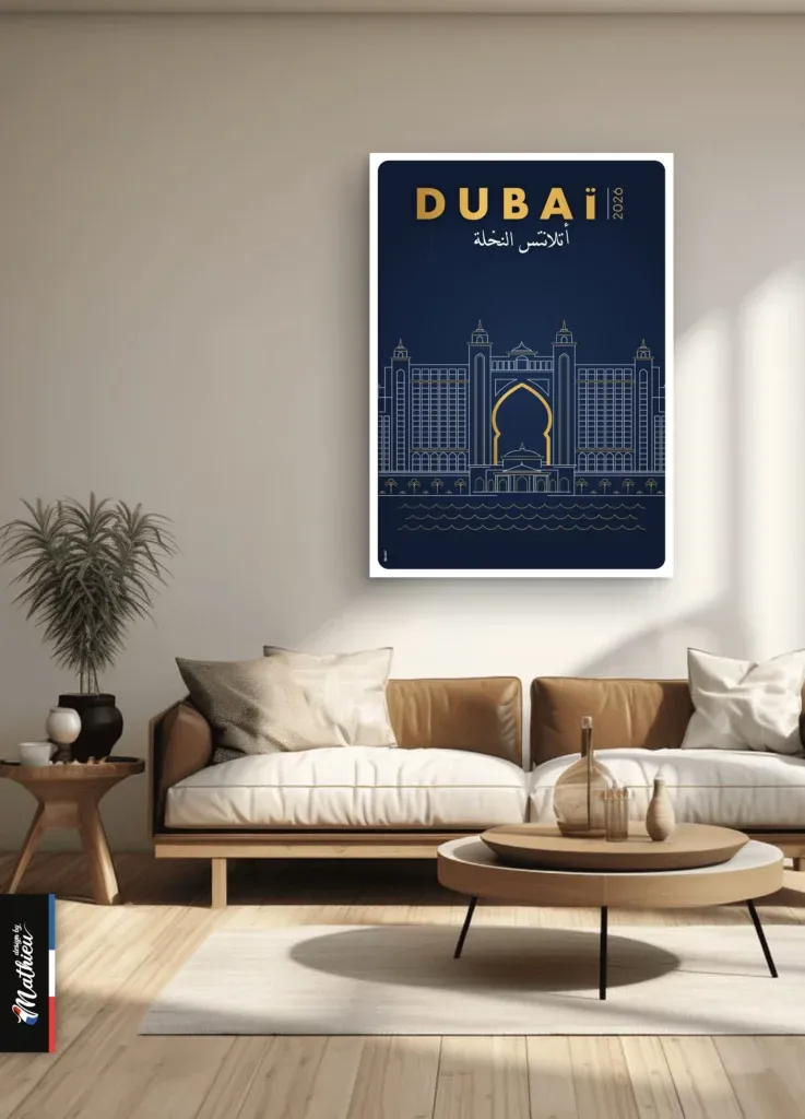 Affiche minimaliste de l'hôtel Atlantis The Palm Dubaï, traits dorés sur fond bleu nuit.