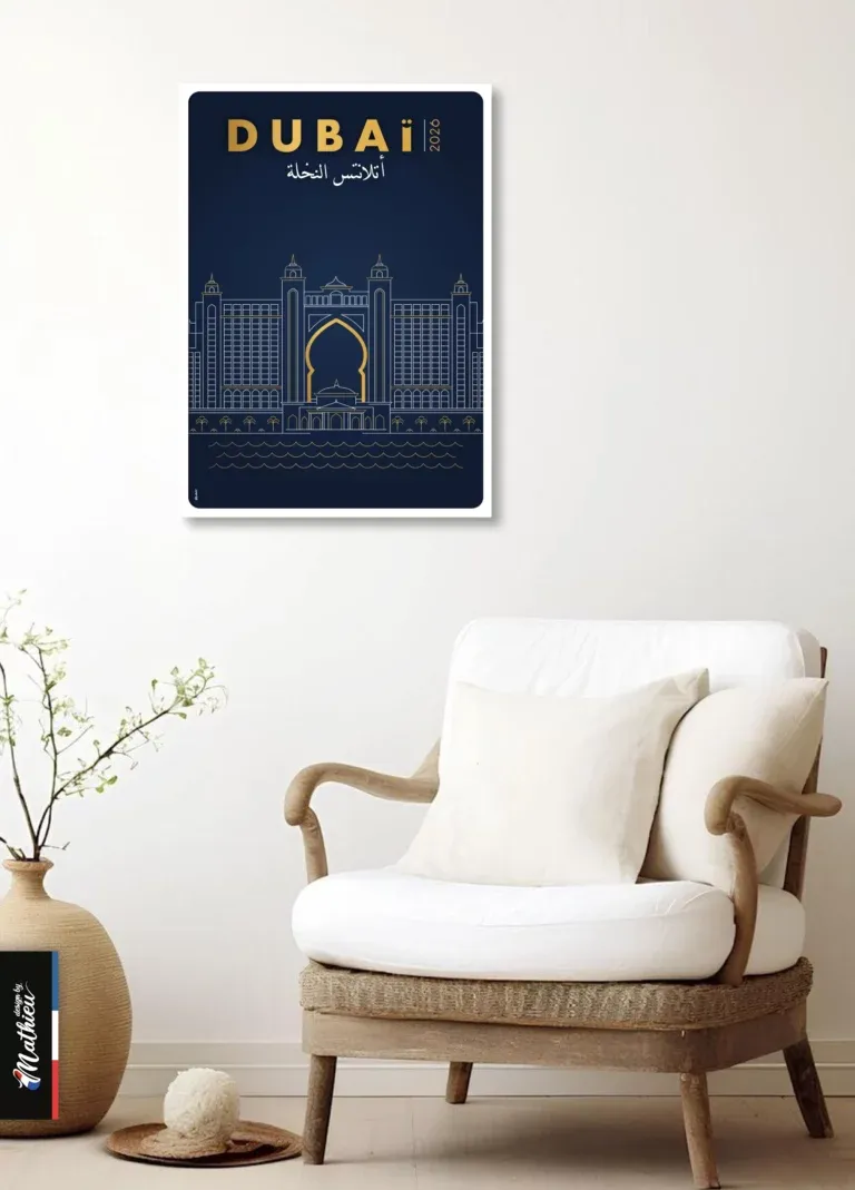 Affiche minimaliste de l'hôtel Atlantis The Palm Dubaï, traits dorés sur fond bleu nuit.