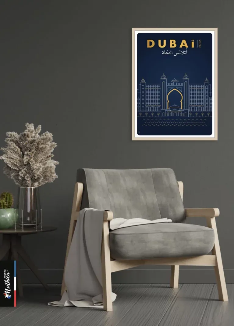 Affiche minimaliste de l'hôtel Atlantis The Palm Dubaï, traits dorés sur fond bleu nuit.