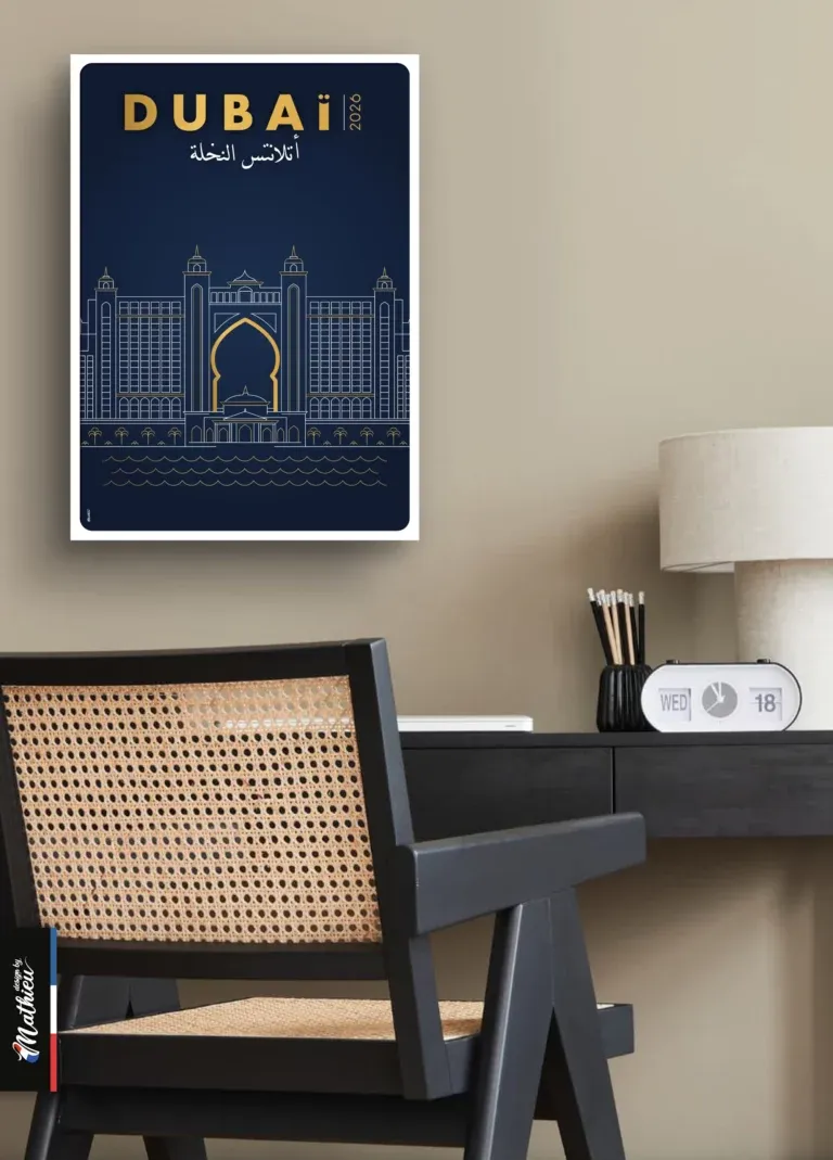 Affiche minimaliste de l'hôtel Atlantis The Palm Dubaï, traits dorés sur fond bleu nuit.