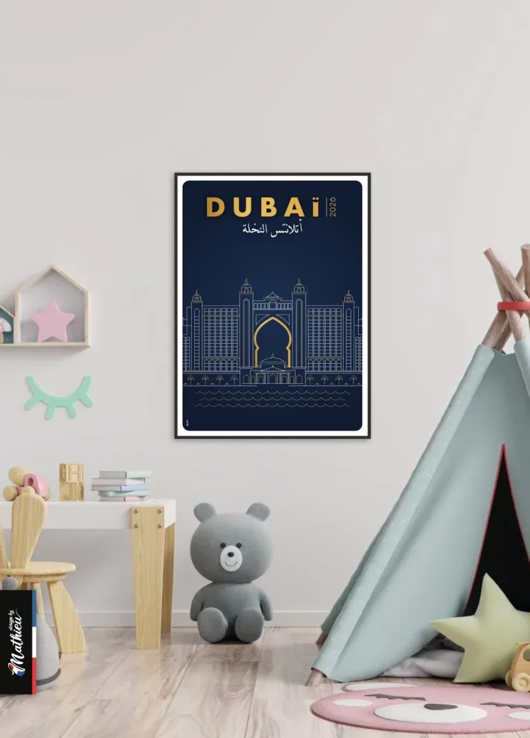 Affiche minimaliste de l'hôtel Atlantis The Palm Dubaï, traits dorés sur fond bleu nuit.