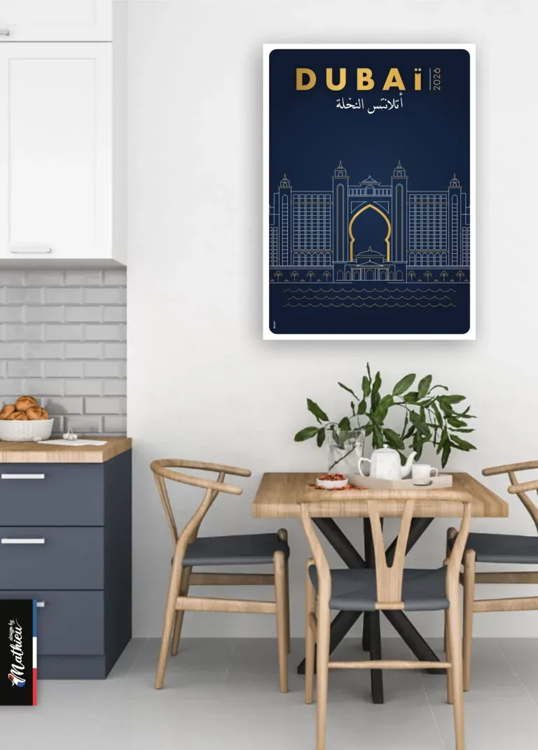 Affiche minimaliste de l'hôtel Atlantis The Palm Dubaï, traits dorés sur fond bleu nuit.