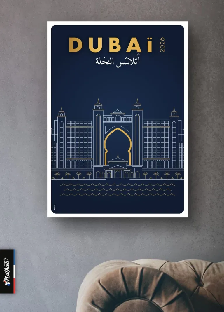 Affiche minimaliste de l'hôtel Atlantis The Palm Dubaï, traits dorés sur fond bleu nuit.