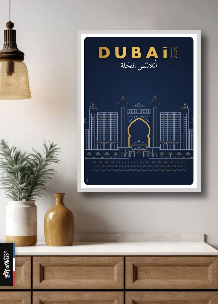 Affiche minimaliste de l'hôtel Atlantis The Palm Dubaï, traits dorés sur fond bleu nuit.