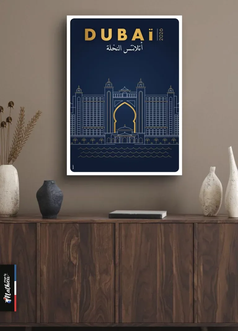 Affiche minimaliste de l'hôtel Atlantis The Palm Dubaï, traits dorés sur fond bleu nuit.