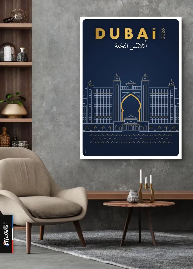 Affiche minimaliste de l'hôtel Atlantis The Palm Dubaï, traits dorés sur fond bleu nuit.