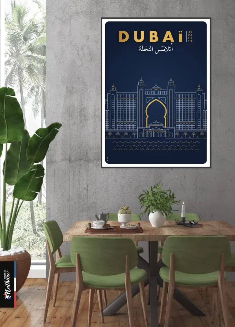 Affiche minimaliste de l'hôtel Atlantis The Palm Dubaï, traits dorés sur fond bleu nuit.