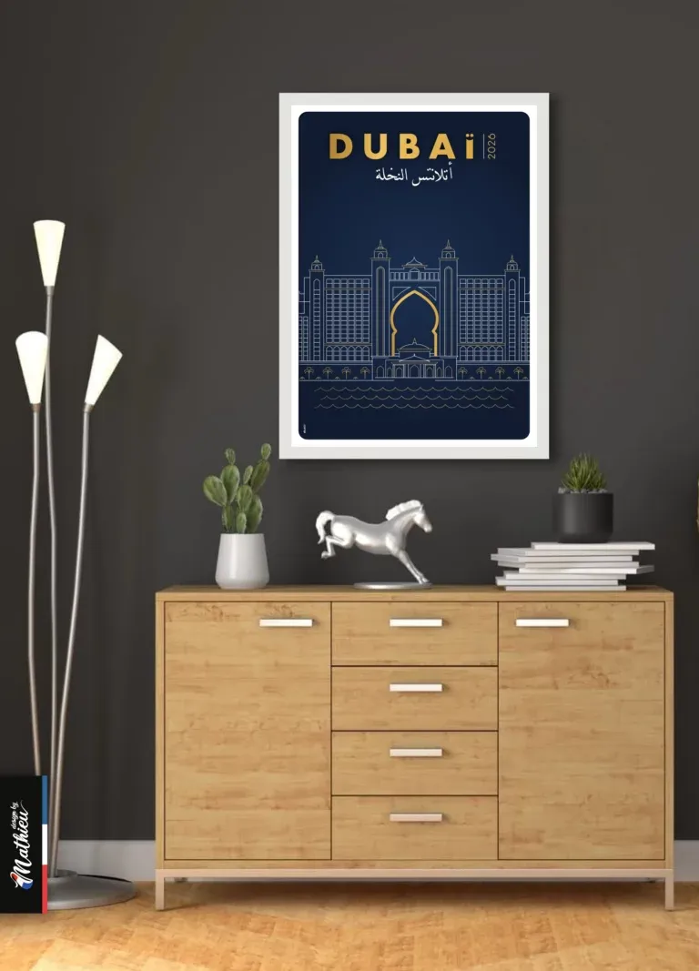Affiche minimaliste de l'hôtel Atlantis The Palm Dubaï, traits dorés sur fond bleu nuit.