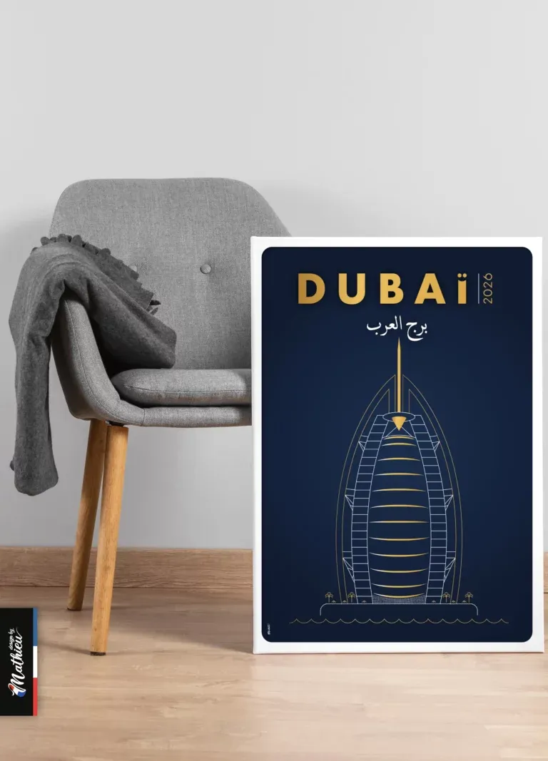 Poster design du Burj Al Arab, hôtel en forme de voile à Dubaï, dessin doré sur fond bleu.