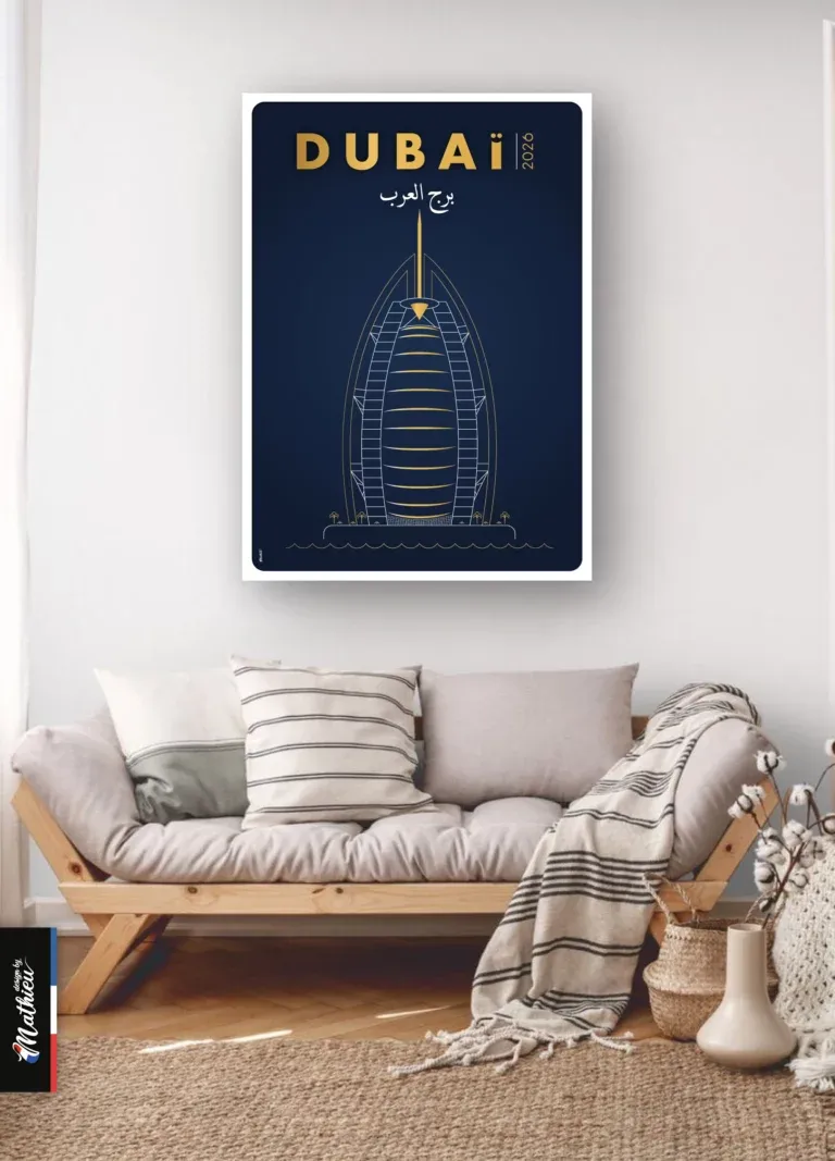 Poster design du Burj Al Arab, hôtel en forme de voile à Dubaï, dessin doré sur fond bleu.